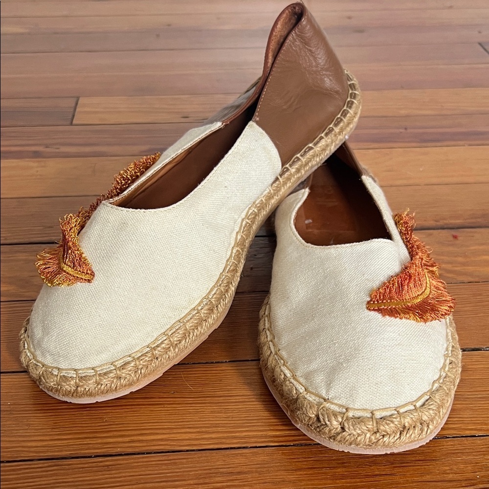 Silvia Cobos Brown Leather and Cream  Canvas Feather Espadrilles Size 8 & 8.5
